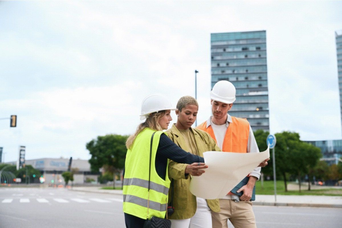 Moon Matz engineers reviewing blueprints on site